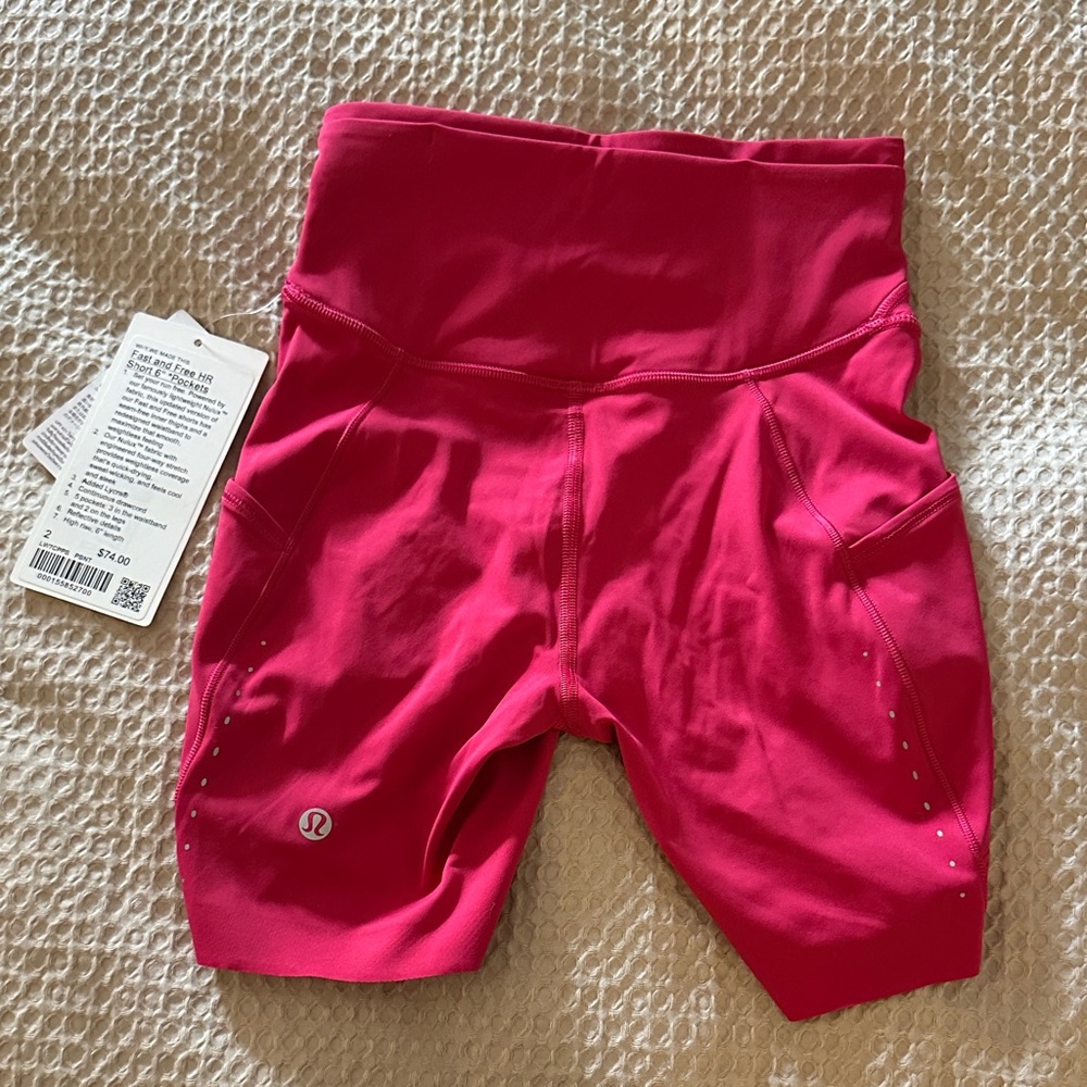 lululemon Women's Bright Pink Bike Shorts Fast and Free HR Short 6” pockets